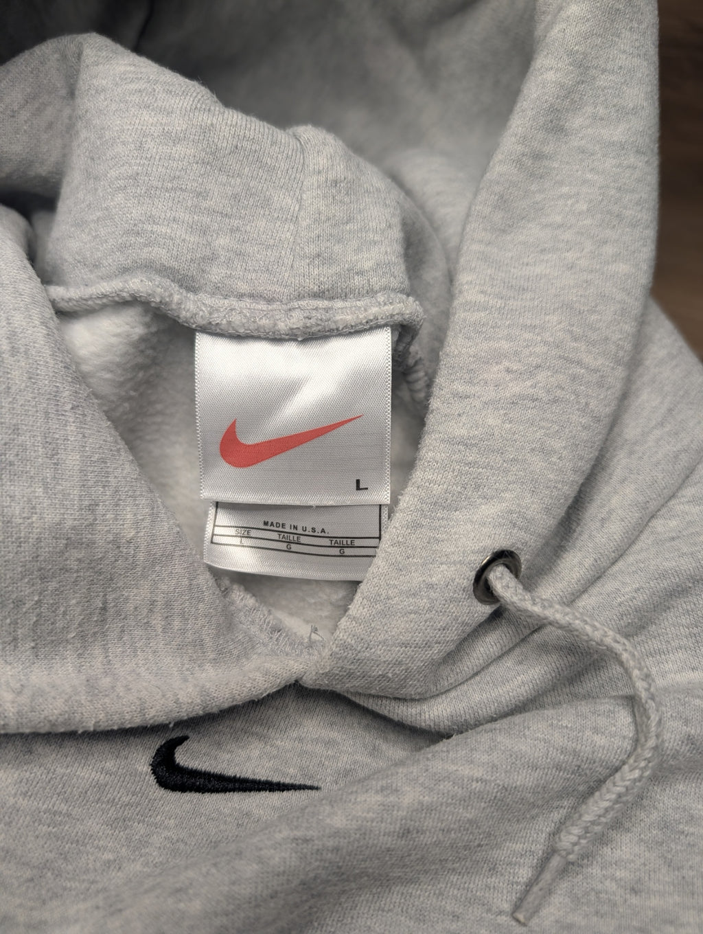 Vintage 90s Nike Centre Swoosh Hoodie — Grey Marl — Made in USA — L