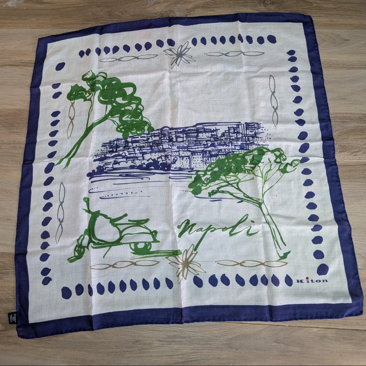 Kiton Napoli cashmere silk scarf full view on wood background