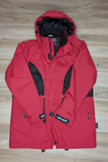 Red and black Land Rover jacket ghost mannequin shot on wooden background