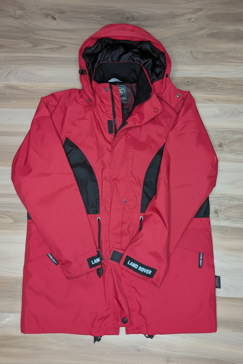 Red and black Land Rover jacket ghost mannequin shot on wooden background
