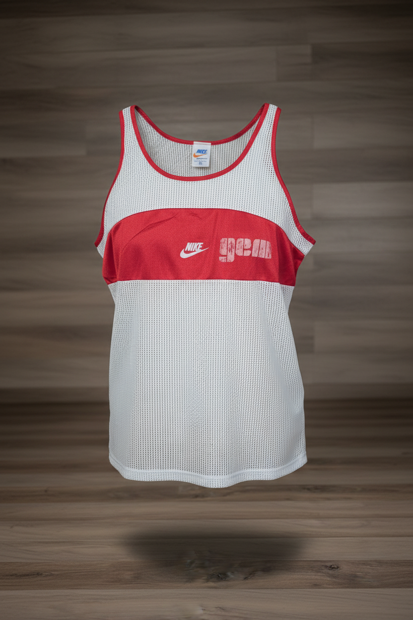 Vintage Late 80s Nike Gear Mesh Tank Top — Red & White — Made in England — XL